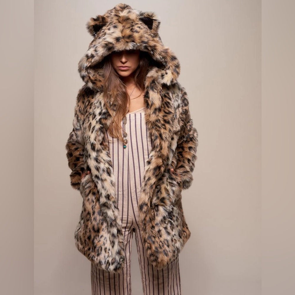 Spirithoods classic leopard print faux fur hooded jacket with ears NWT size M